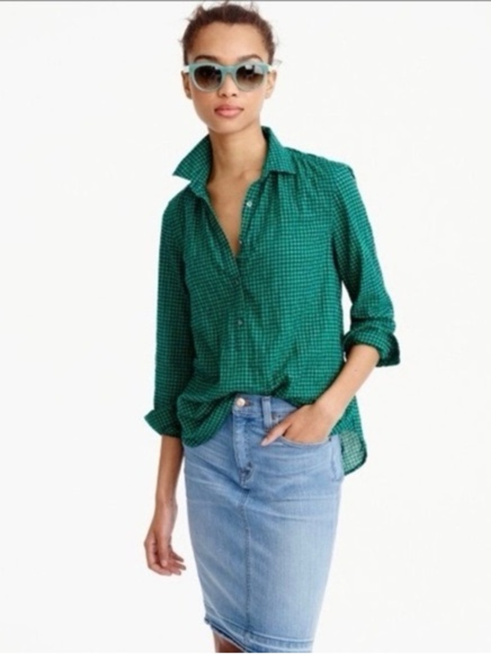 J. Crew Green Navy Blue Check Button-Down Long Sleeve Shirt Blouse